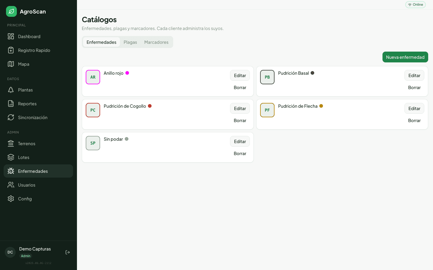 Cada finca configura sus propias enfermedades con nombre, código corto y color — el mismo color aparece luego en el mapa