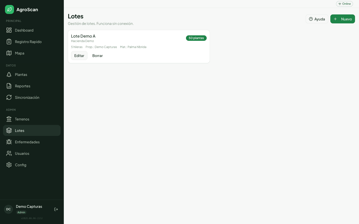 Los lotes se dan de alta con su ubicación, número de hileras y peso promedio del racimo. Ese peso alimenta el estimado de cosecha del dashboard