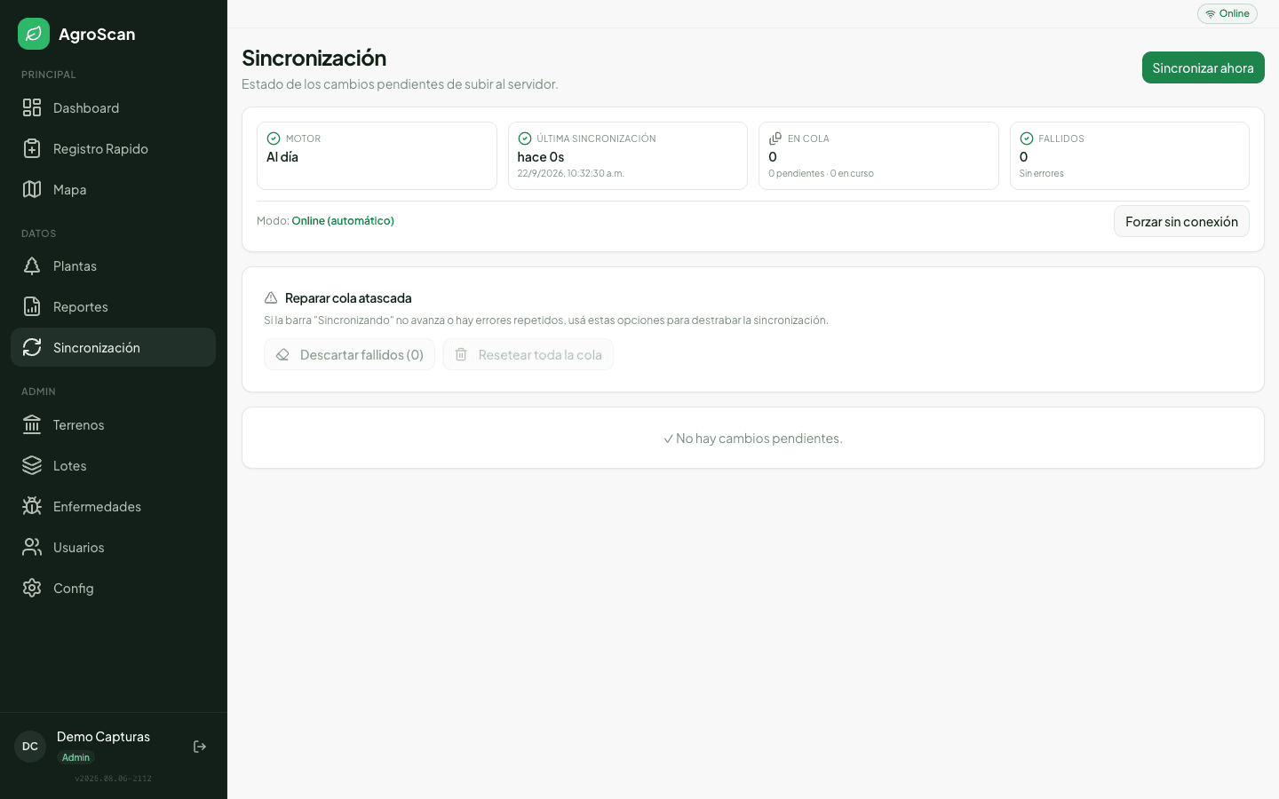 La pantalla de sincronización muestra qué cambios están subiendo. Si el técnico estuvo sin señal, todo se acumula acá y sube solo al reconectar