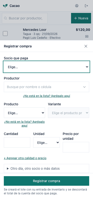 Registrar una compra desde el teléfono, con el productor delante: productor, producto, cantidad y precio, nada más.