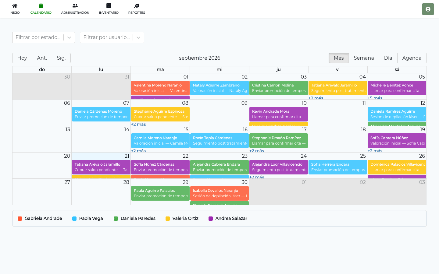 Agenda mensual de todo el equipo, con un color por persona: citas, llamadas de seguimiento y cobros pendientes a la vista.