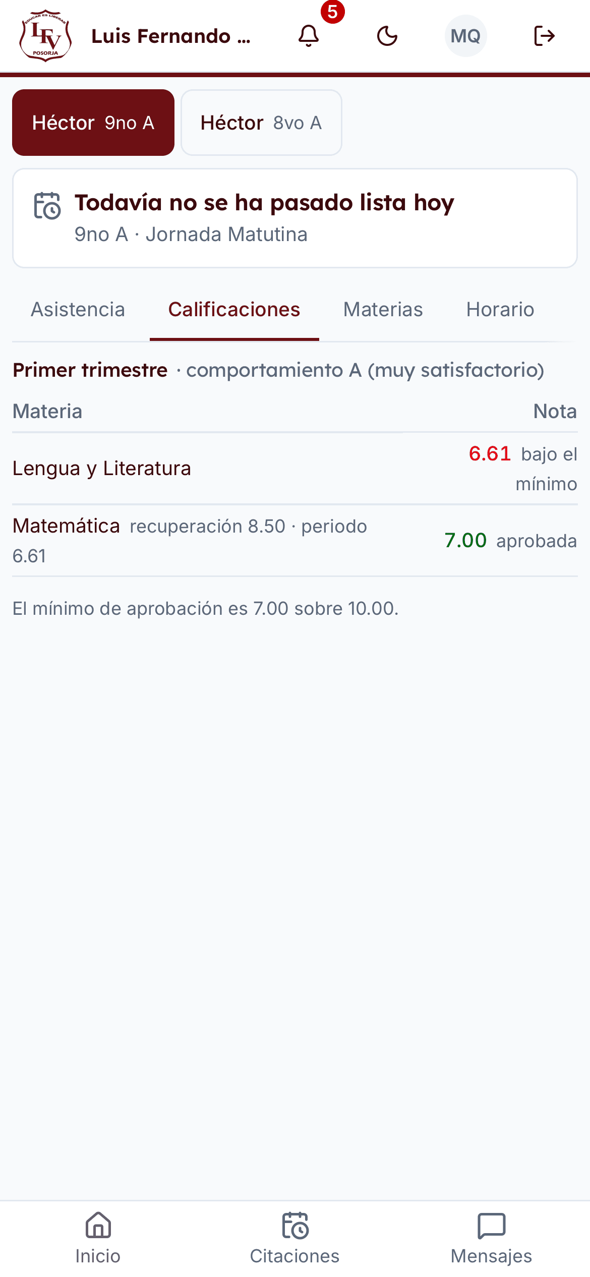 El portal de la familia en el celular: las notas del trimestre, con lo aprobado y lo que quedó bajo el mínimo.