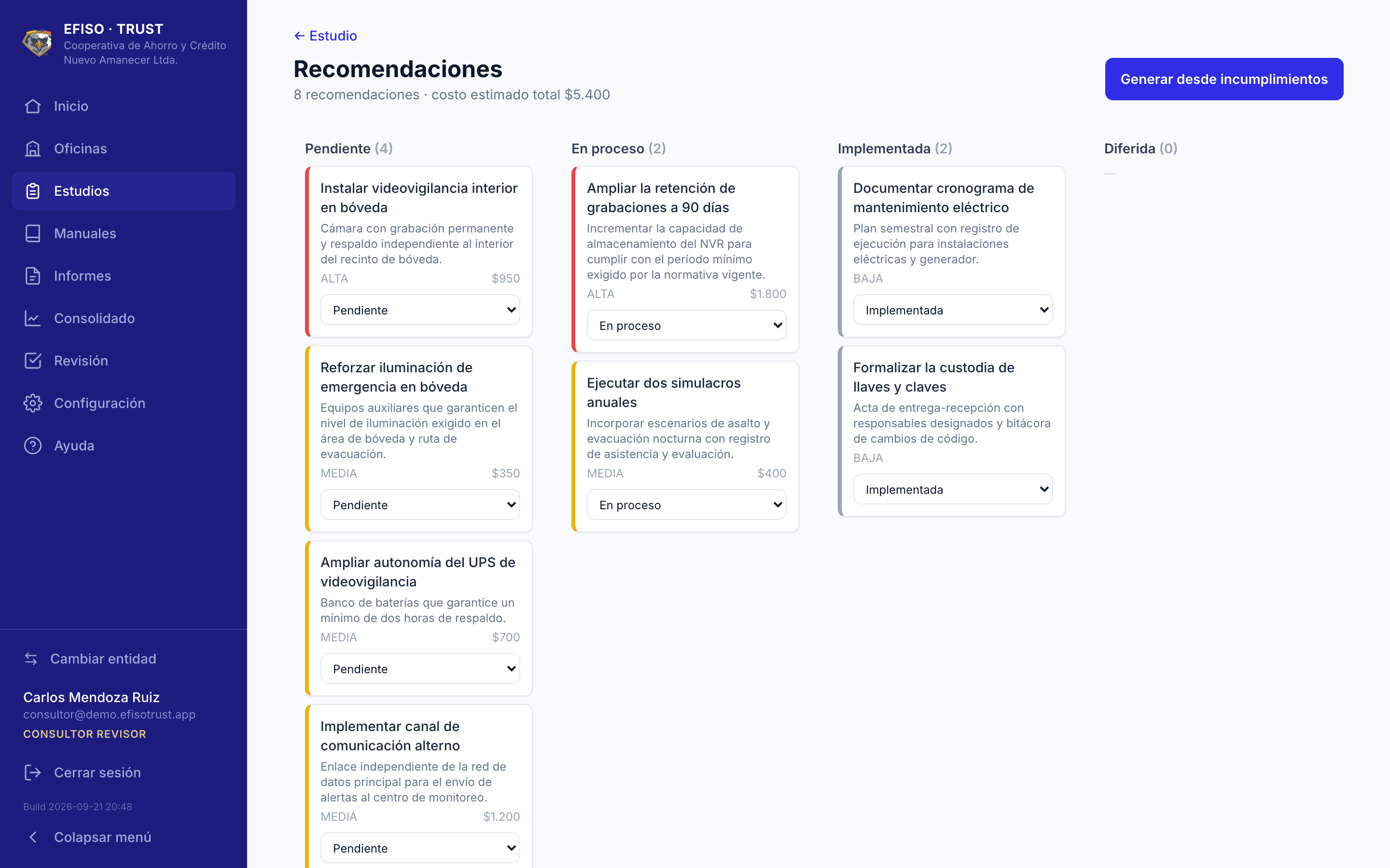 Plan de recomendaciones con prioridad, costo estimado y seguimiento de lo pendiente, en proceso e implementado.