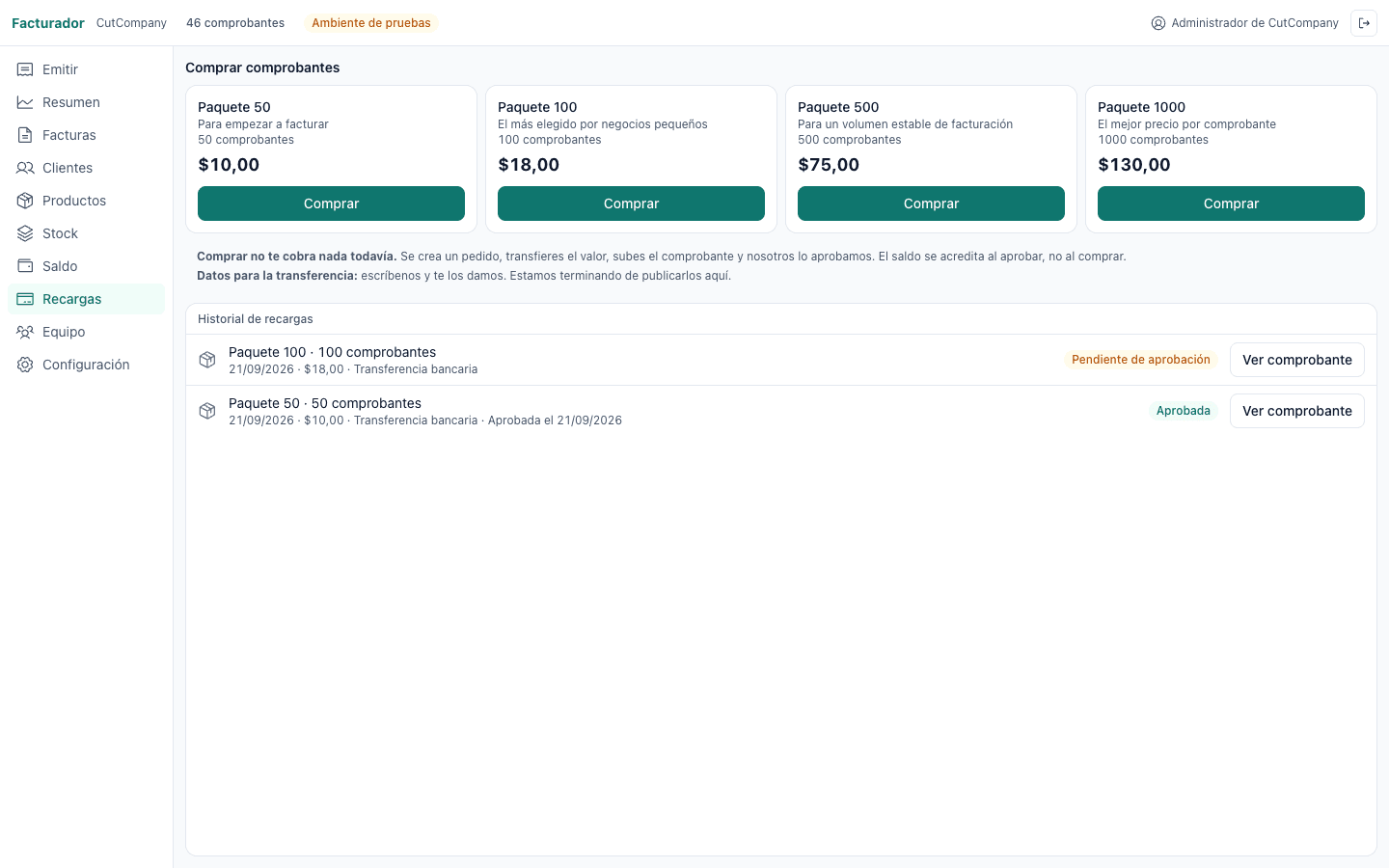 Compra de comprobantes por paquetes: se paga por lo que se emite y el saldo se acredita cuando se aprueba el pago.