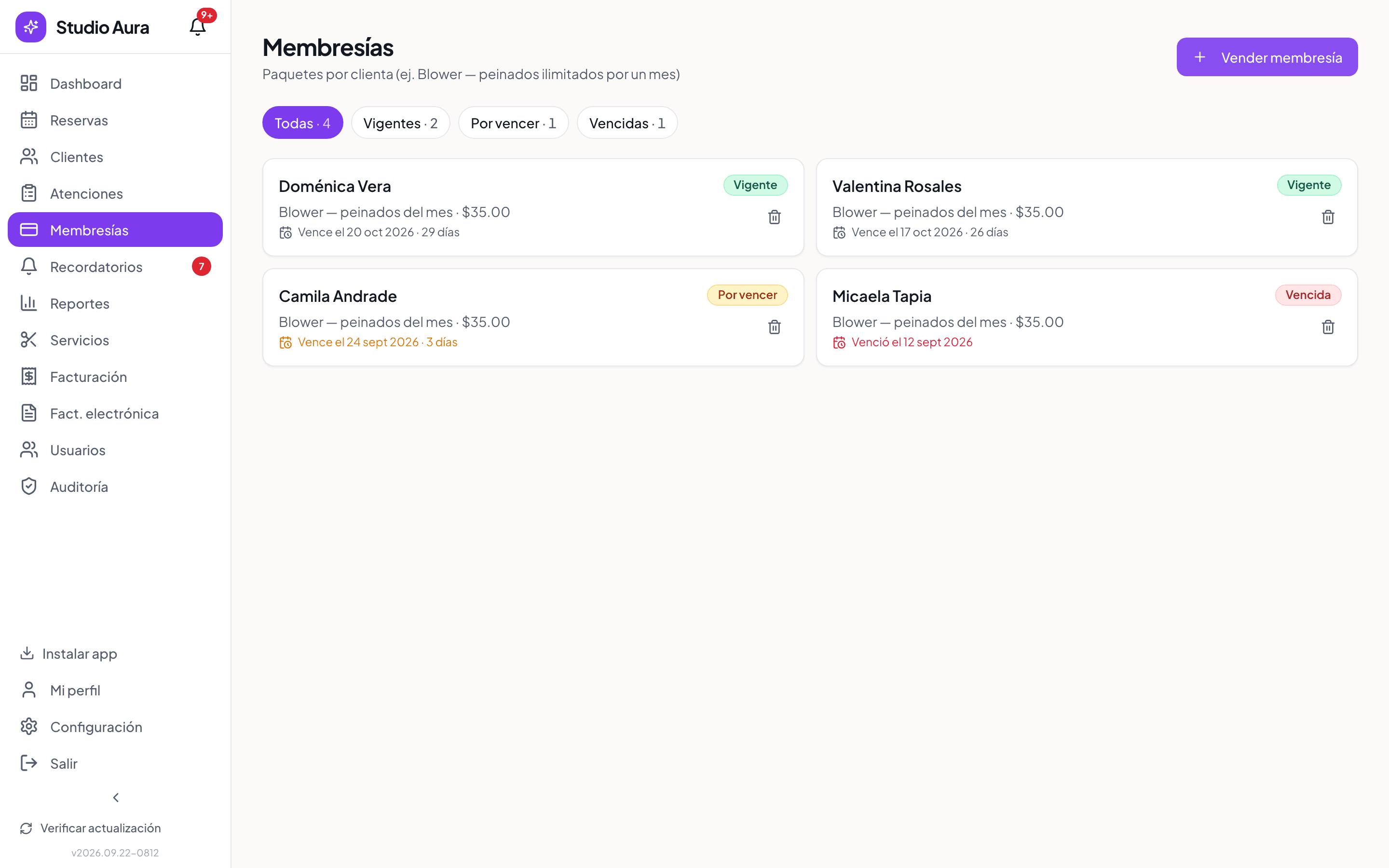 Membresías y paquetes: cada clienta con su fecha de caducidad y aviso automático cuando está por vencer.