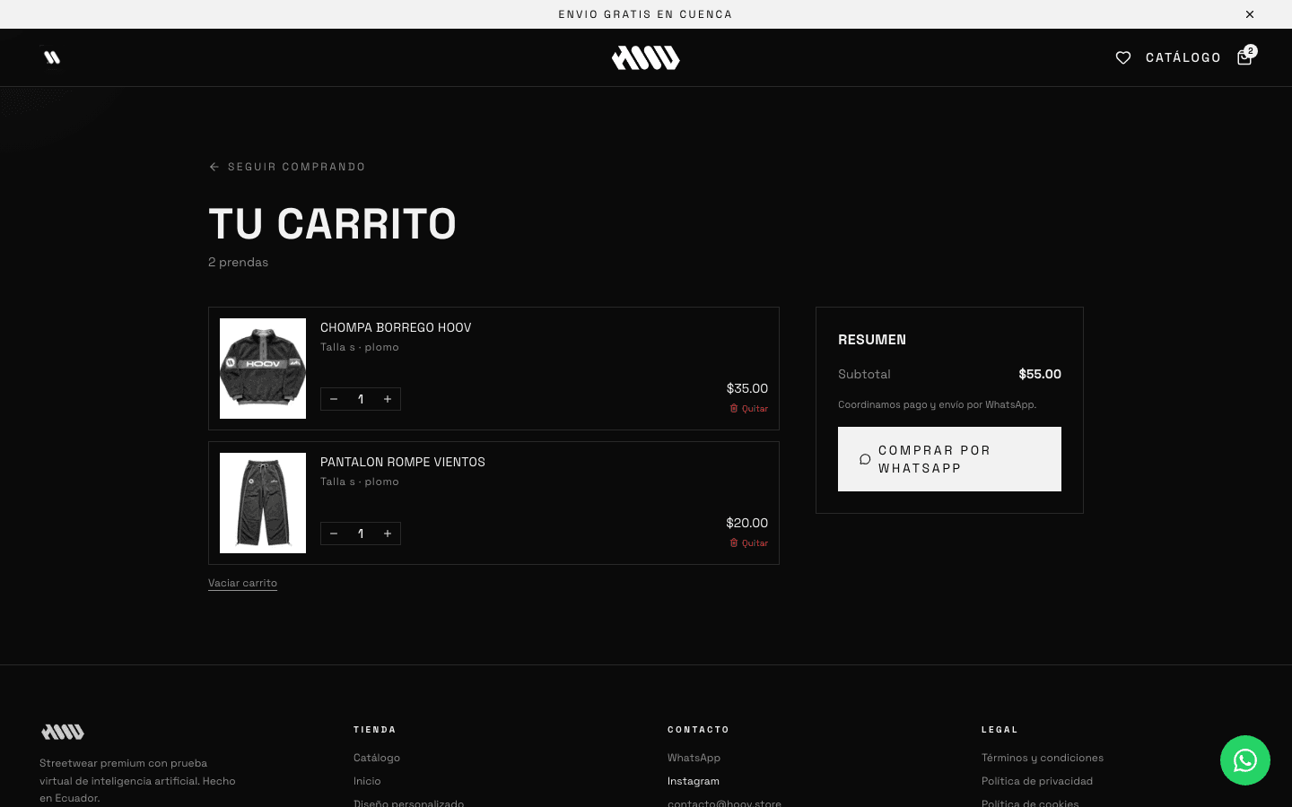 Carrito con las prendas elegidas, talla y color. El pedido se cierra por WhatsApp o con pago en línea según lo configure el negocio.