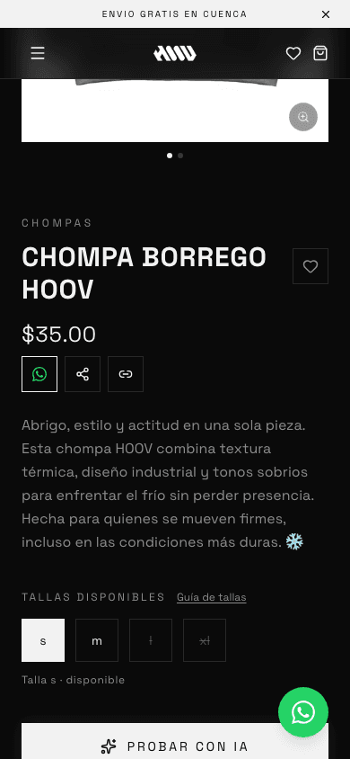 En móvil la barra fija mantiene siempre a mano las acciones clave: probar con IA, agregar y WhatsApp.