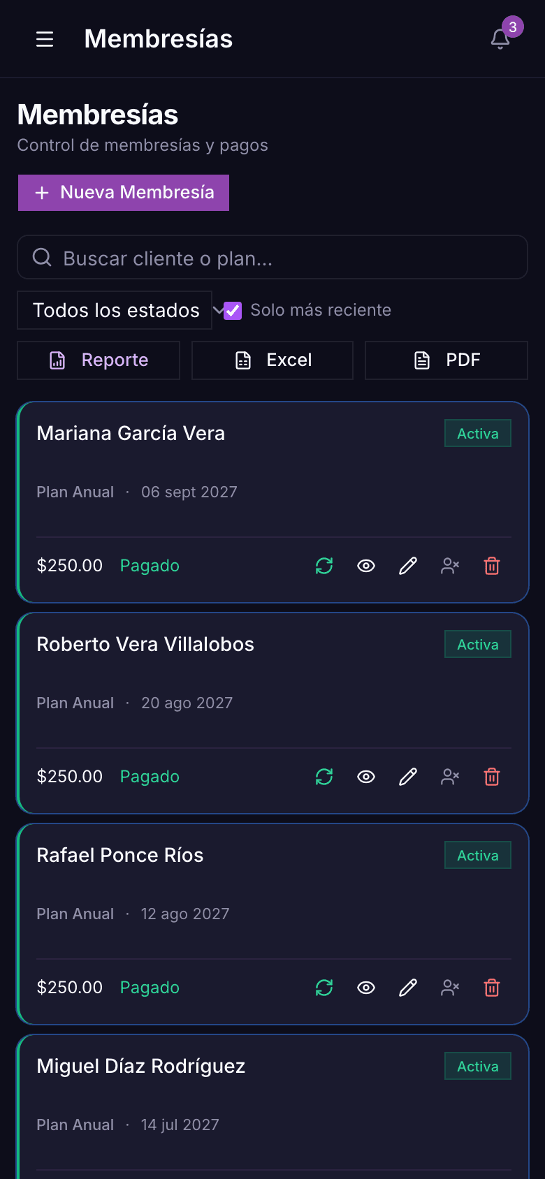 Membresías y pagos desde el celular: quién está al día, cuándo vence y cuánto debe.
