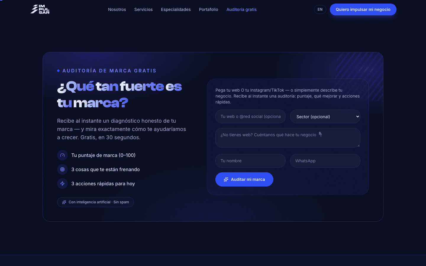 La auditoría gratis con IA: el visitante recibe un diagnóstico de su marca y la agencia se queda con un contacto interesado.