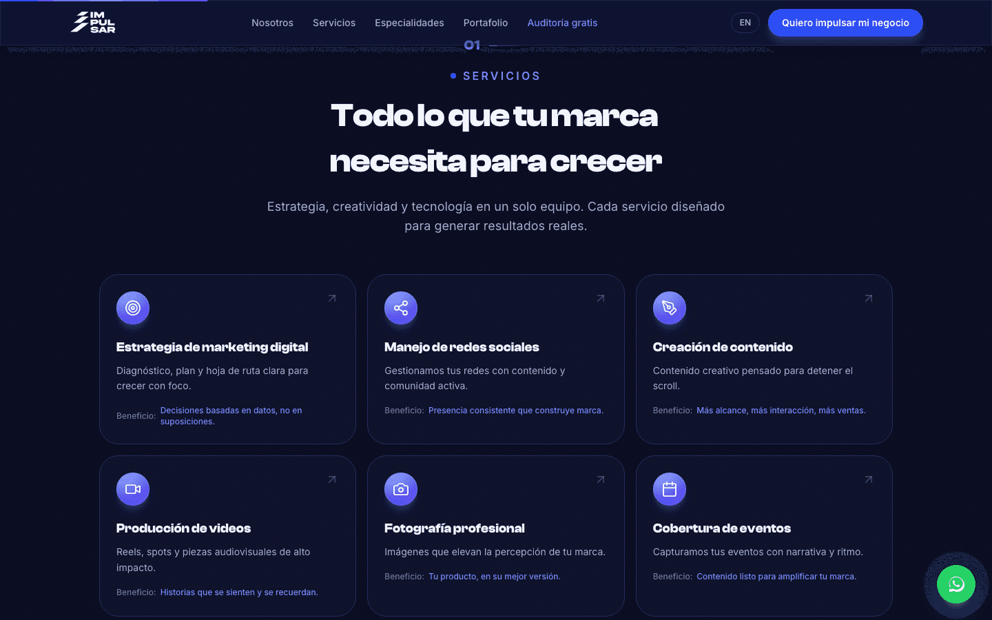 Los 13 servicios están explicados por el beneficio que recibe el cliente, no por lo técnico.