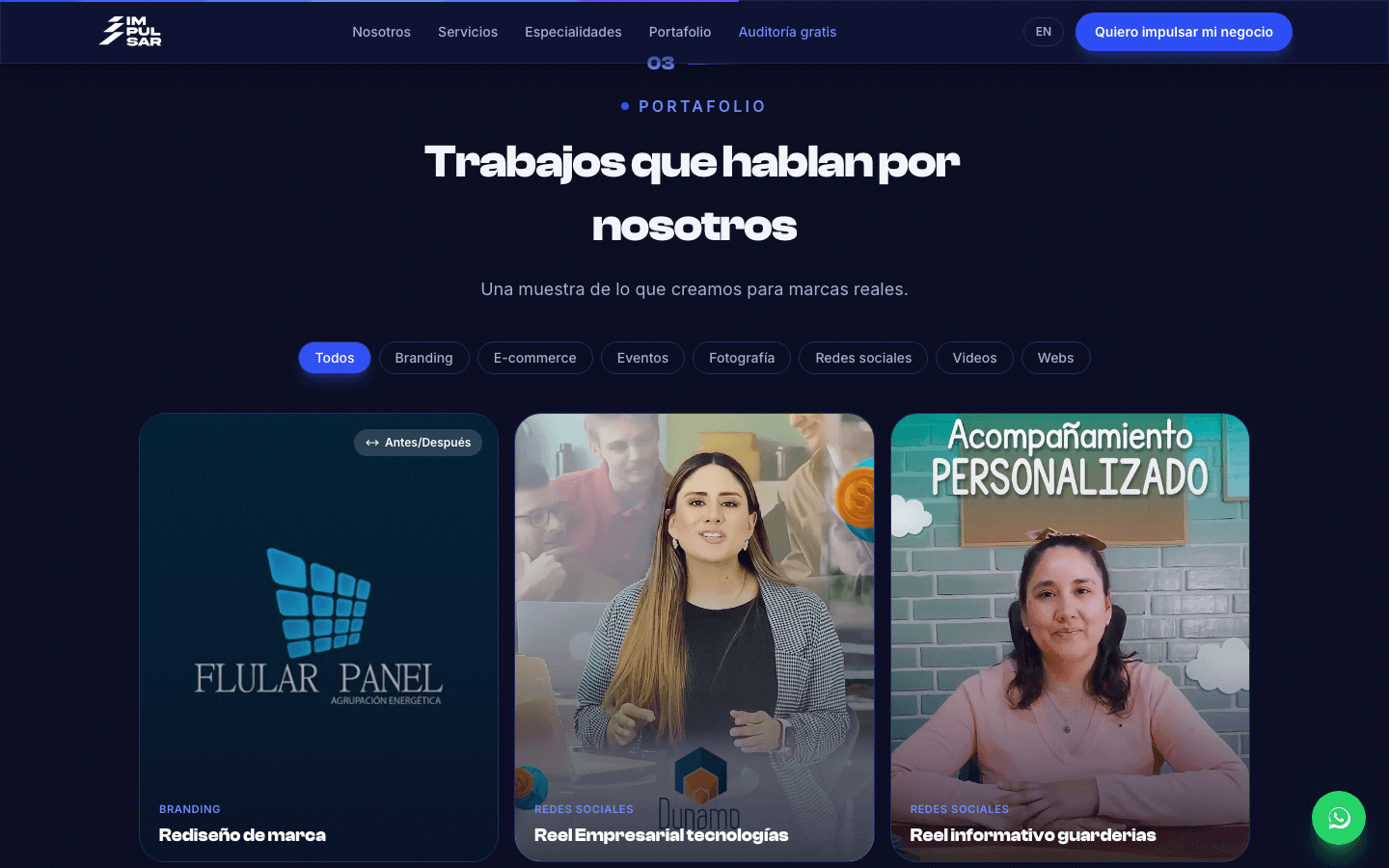 Un portafolio con fotos y videos reales, filtrado por tipo de trabajo, que convence sin necesidad de una reunión.