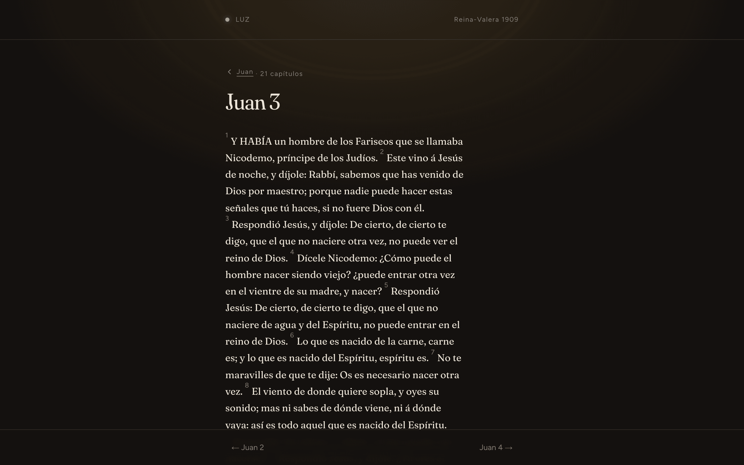La Biblia completa hecha para leer en pantalla: tipografía de libro, sin distracciones, con navegación entre capítulos y descarga para leer sin conexión.