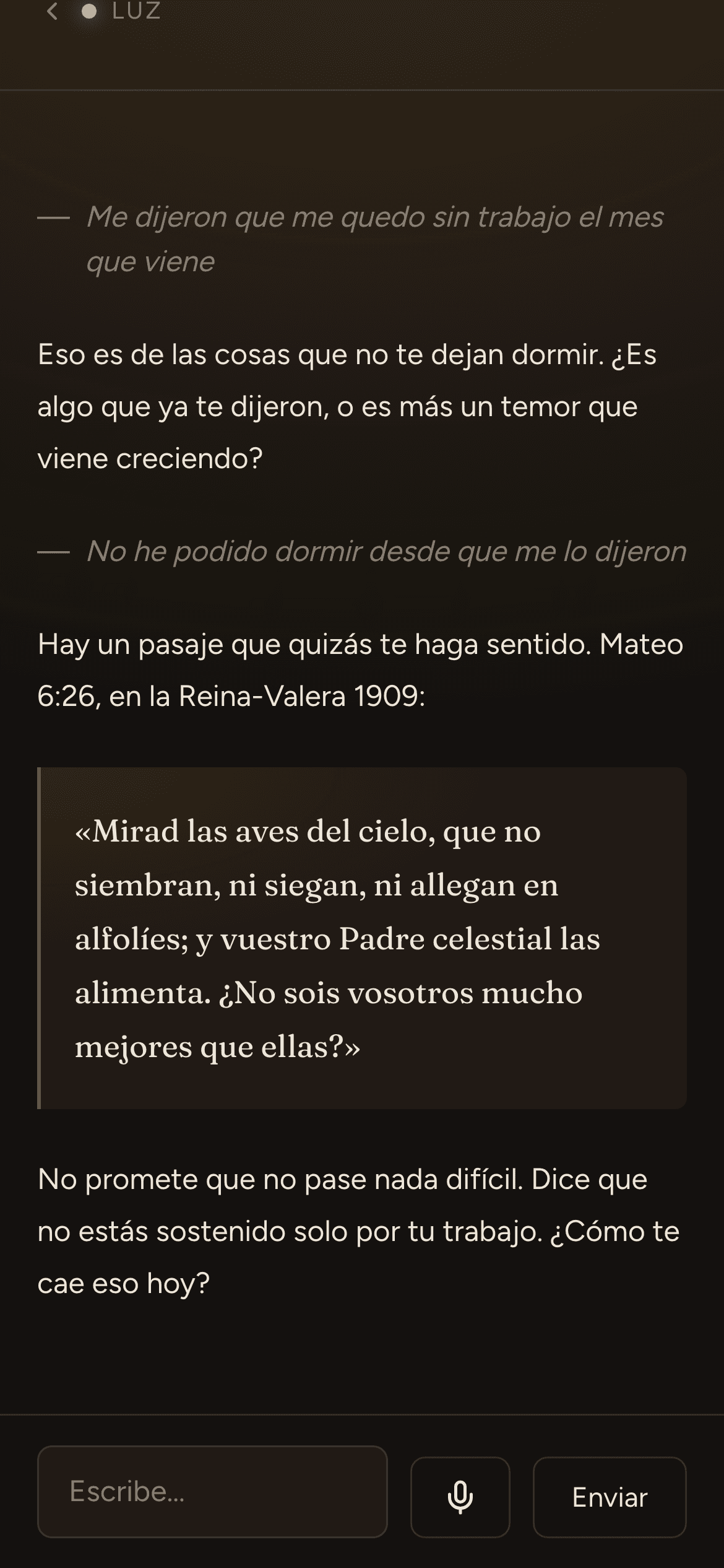 La misma conversación en móvil, con botón de nota de voz para quien no puede escribir. Lo grabado se transcribe en el propio servidor y no se guarda.