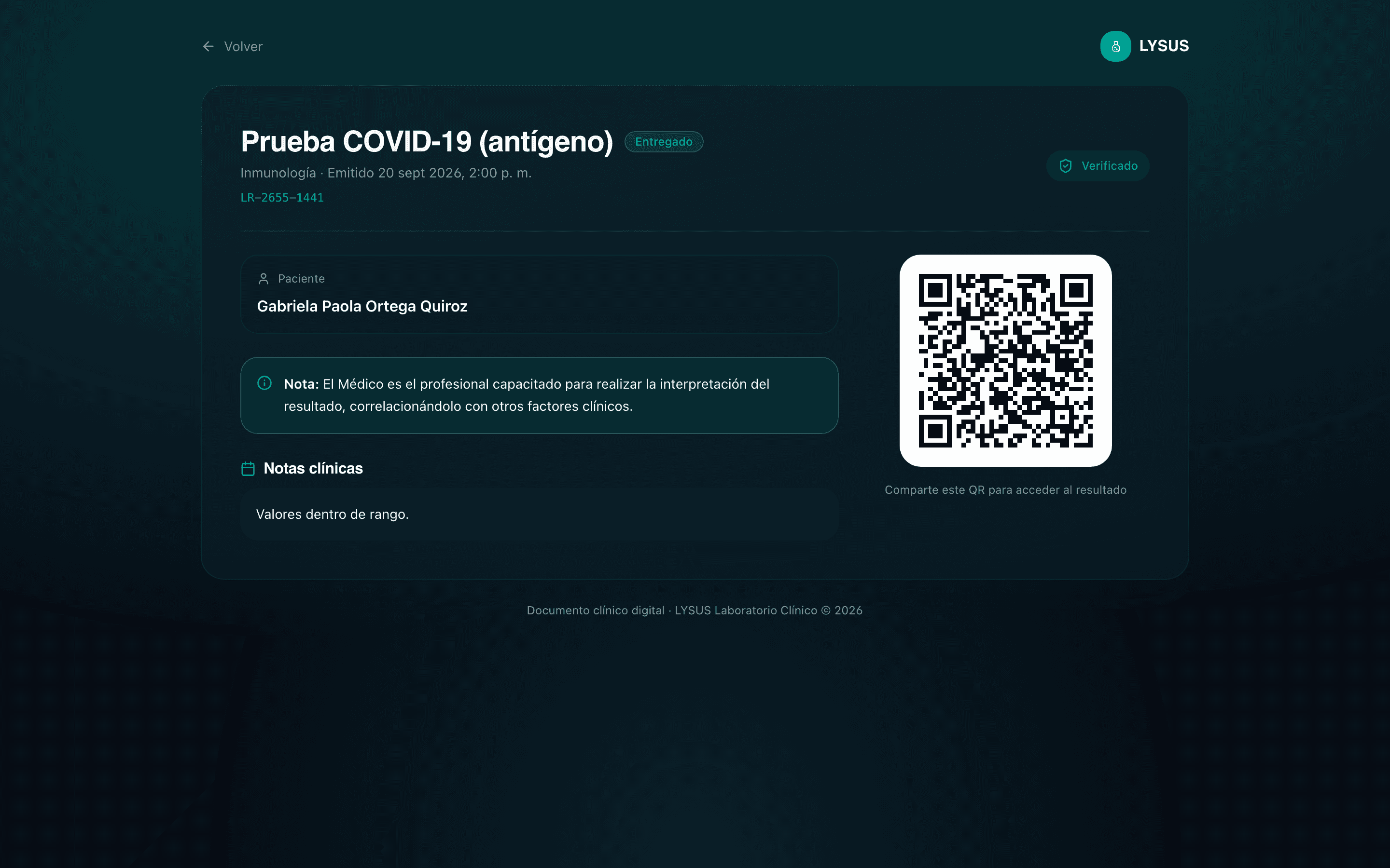 Lo que ve el paciente al escanear su código QR: su resultado verificado, sin tener que ir al laboratorio.