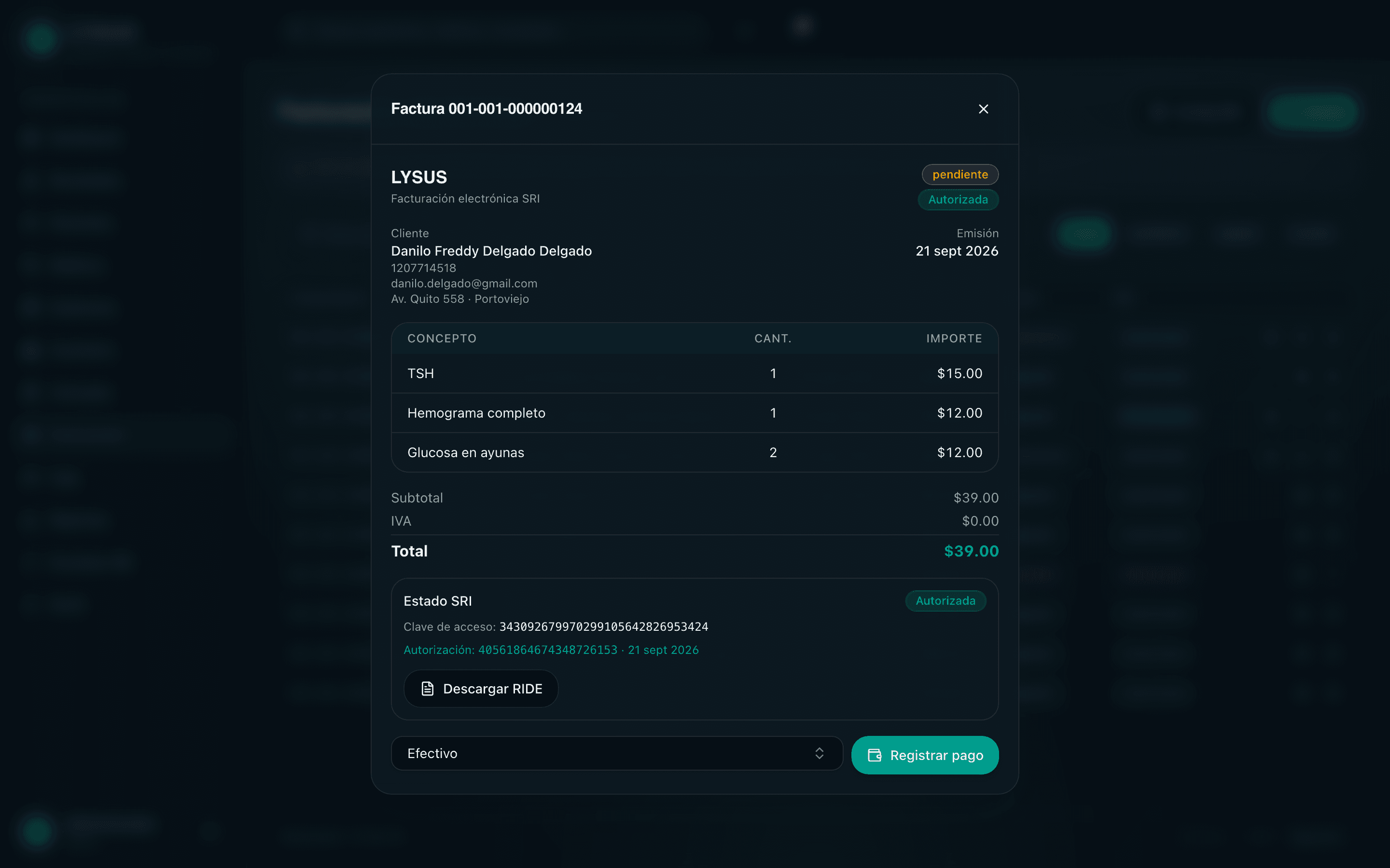 La factura con su autorización del SRI y su comprobante listo para descargar o enviar al cliente.