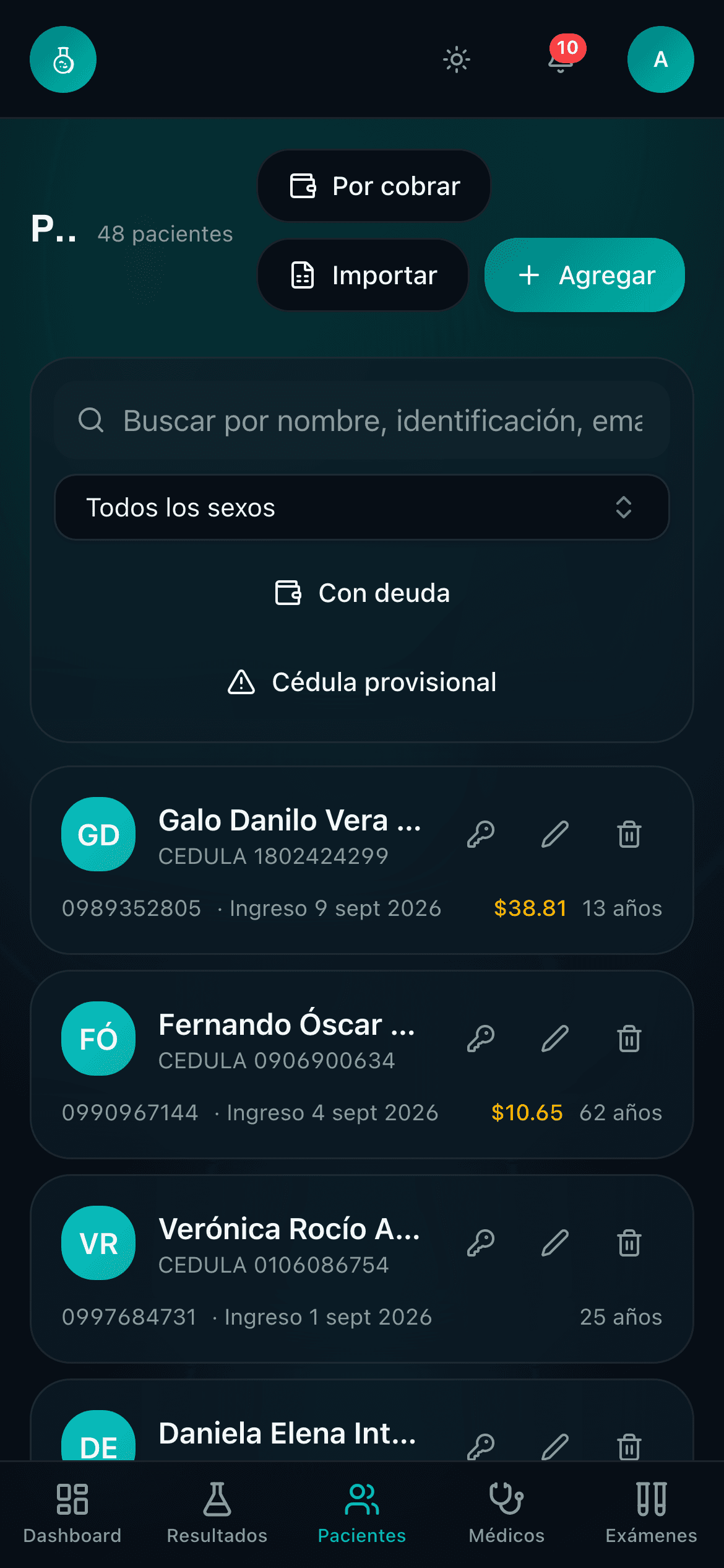 Los pacientes en el celular, en tarjetas cómodas de leer y con búsqueda inmediata.