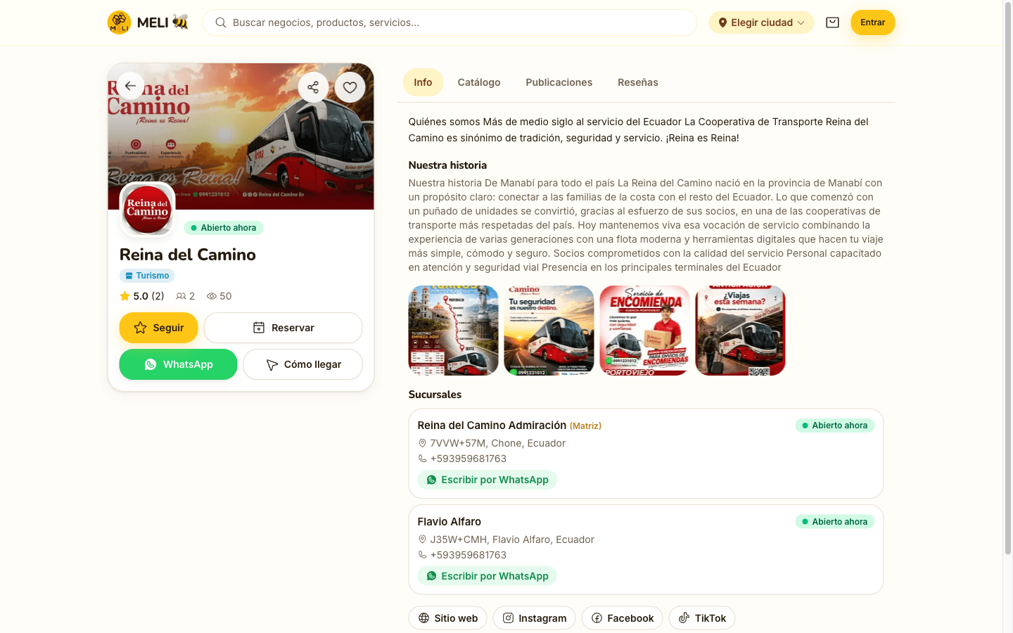 Perfil público de un negocio con portada, catálogo, sucursales, reseñas y botón de WhatsApp.