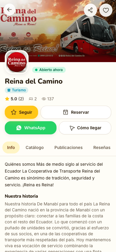 Vista móvil del perfil de un negocio, pensada para sentirse como una app nativa.