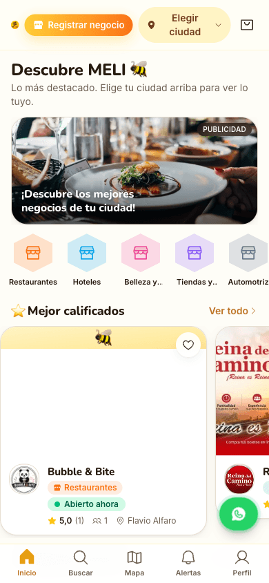 Inicio en el teléfono con navegación inferior y soporte por WhatsApp siempre a mano.