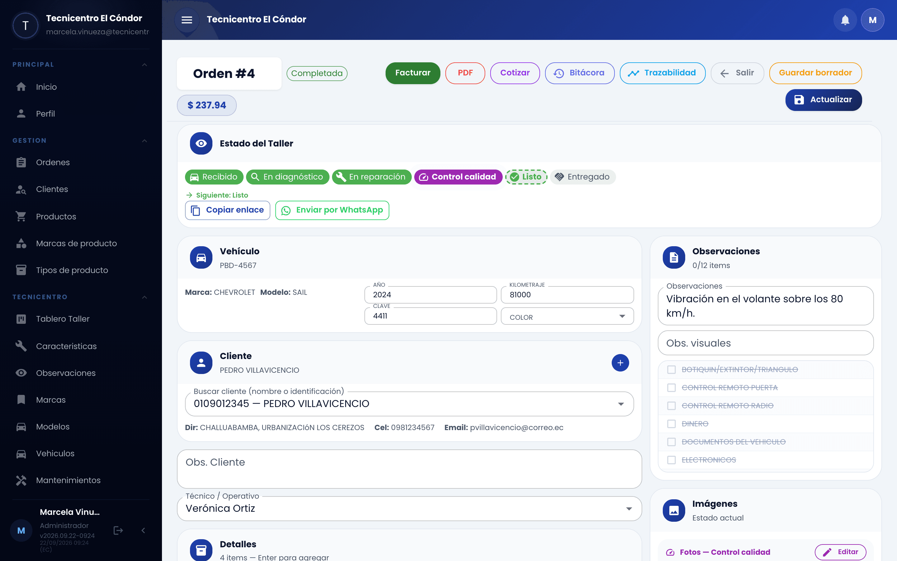 Una orden por dentro: vehículo, cliente, repuestos, mano de obra, técnico responsable y el botón para avisar al cliente por WhatsApp.