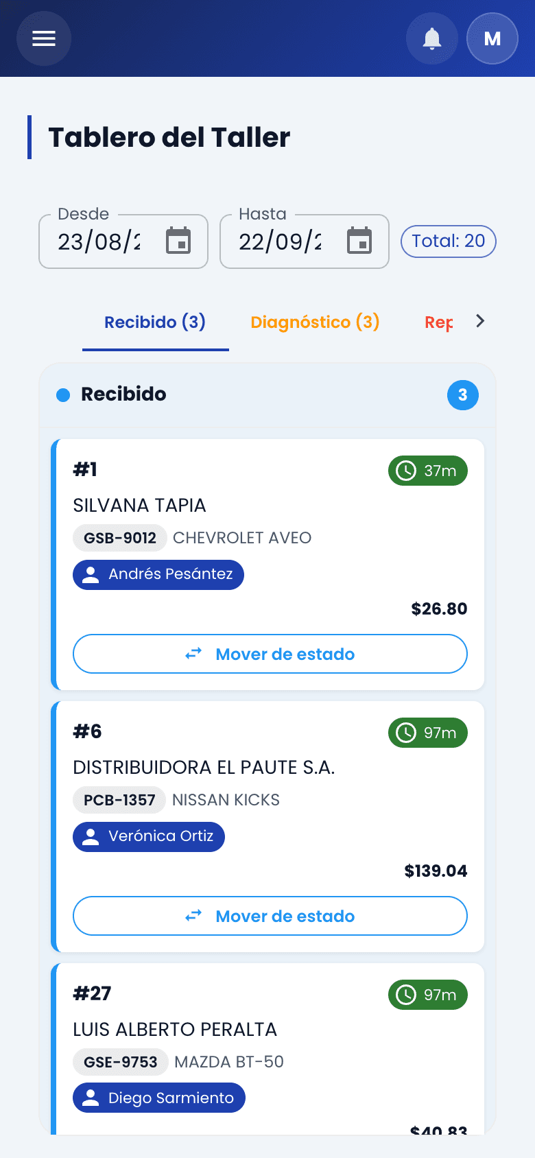 El mismo tablero en el celular: el técnico mueve el estado del vehículo sin salir del taller.