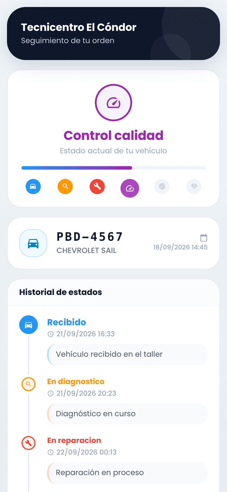 Lo que ve el cliente en su teléfono: en qué etapa va su carro, qué se le hizo y cuándo estará listo.