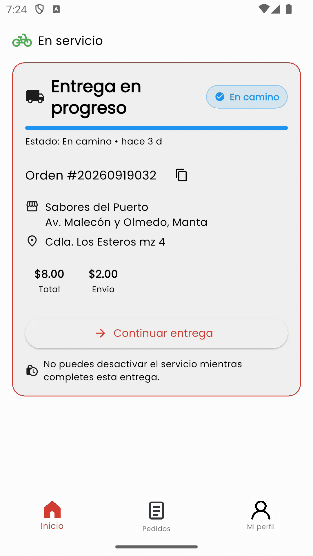 App del repartidor: su entrega en progreso, en camino y en tiempo real