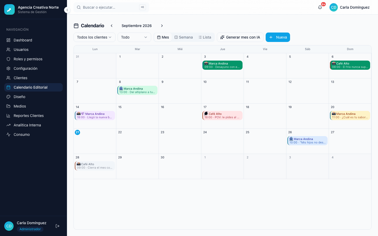El calendario editorial del mes: cada publicación con su marca, hora y estado por color, y un botón para que la IA proponga el mes completo.