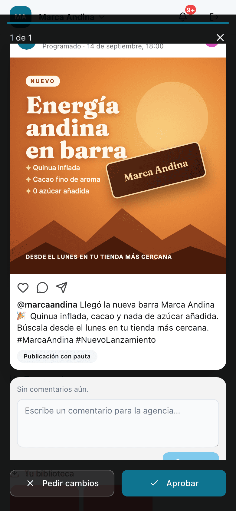 El cliente revisa cada post tal como se verá en Instagram y lo aprueba o pide cambios con un toque.