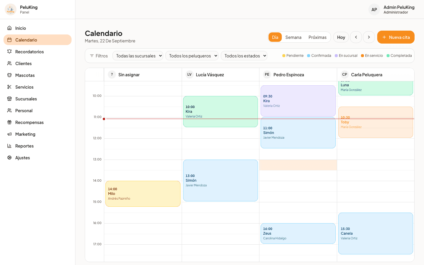 Agenda del día con una columna por peluquero y colores por estado: se ve de un vistazo quién está libre y qué cita ya empezó.