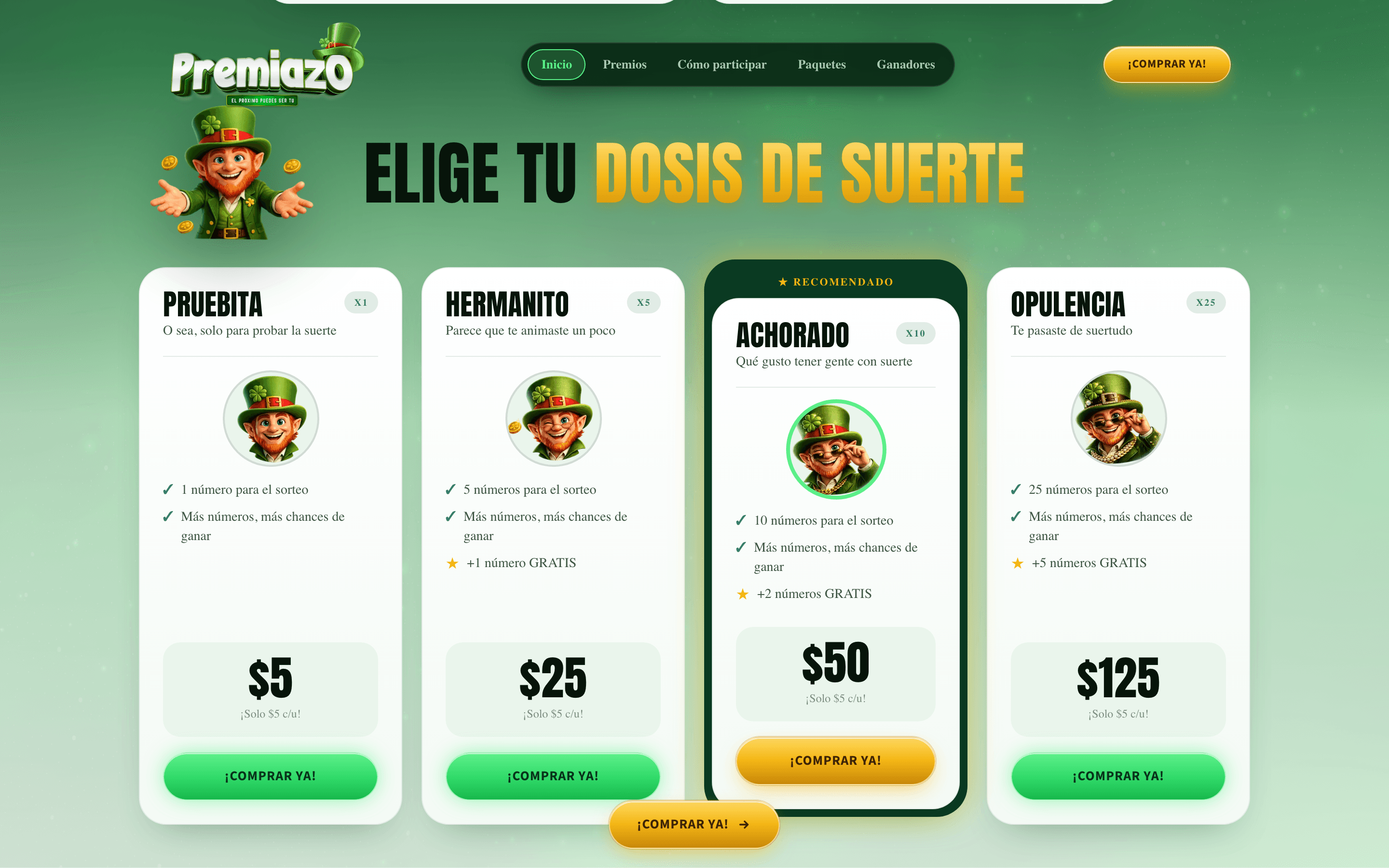 Paquetes de números listos para elegir. Cuando hay promoción vigente, cada paquete muestra solo cuántos números gratis suma.