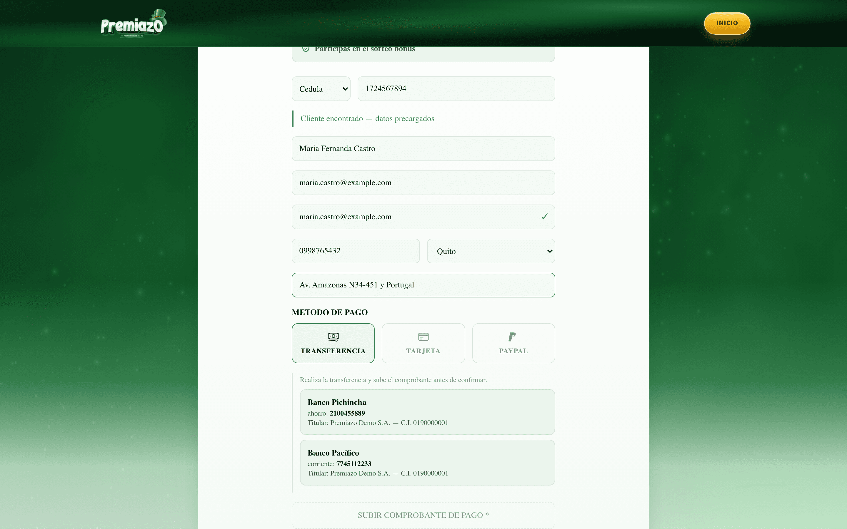 La compra en una sola pantalla: si la cédula ya compró antes, el sistema precarga sus datos y solo queda elegir cómo paga.