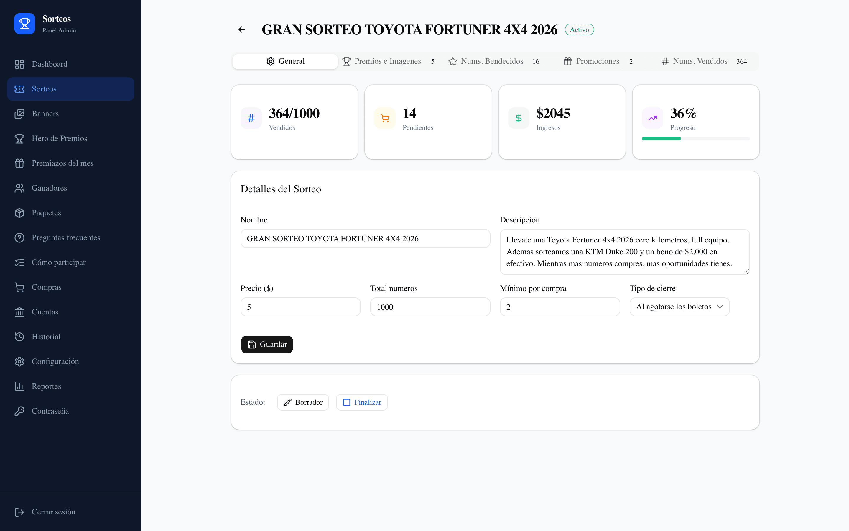 El sorteo por dentro: cuánto se ha vendido, cuánto entró y las pestañas para armar premios, números con premio instantáneo y promociones.