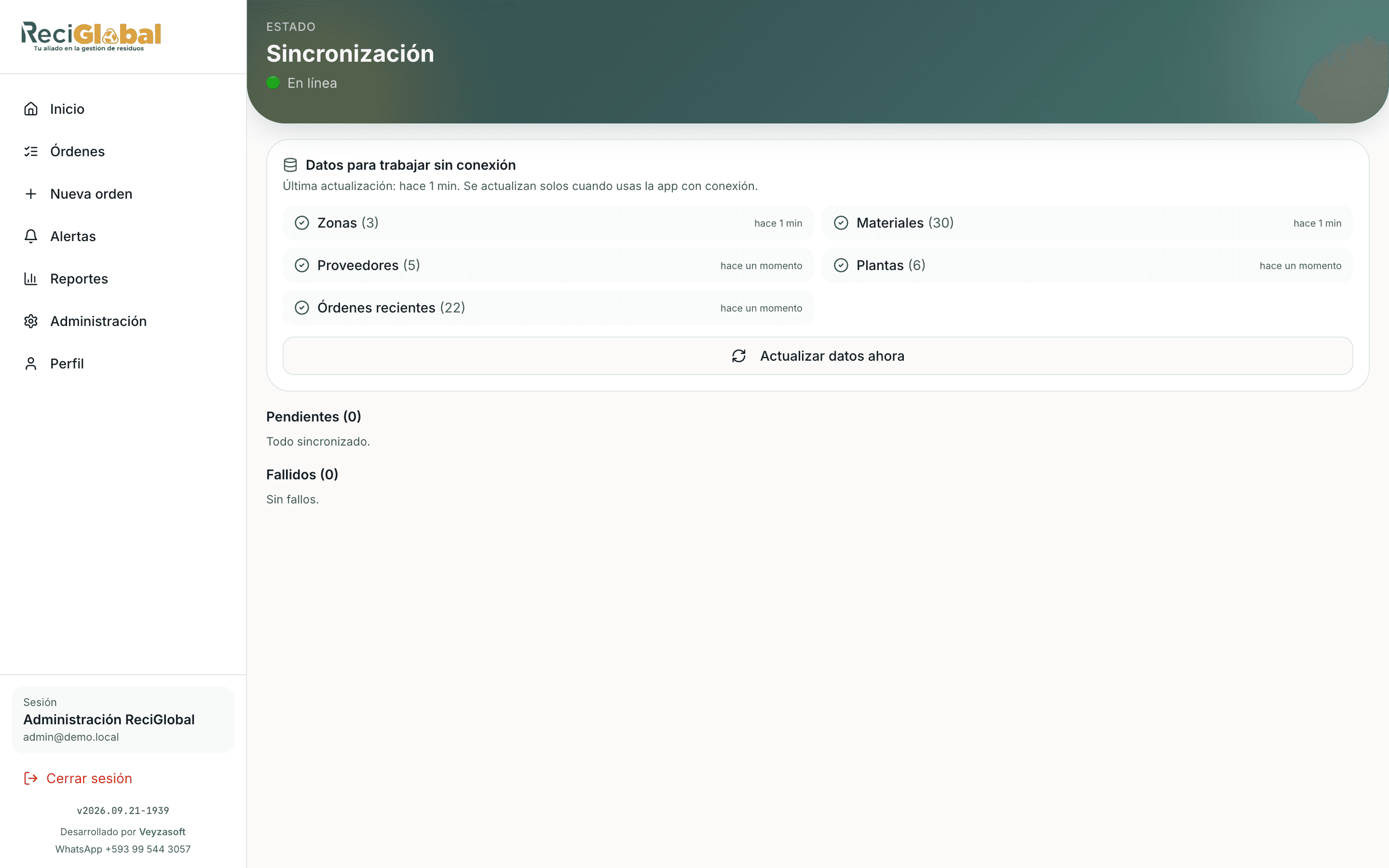 La pantalla que hace posible el trabajo en campo: muestra qué datos están guardados en el teléfono y qué falta enviar al servidor.
