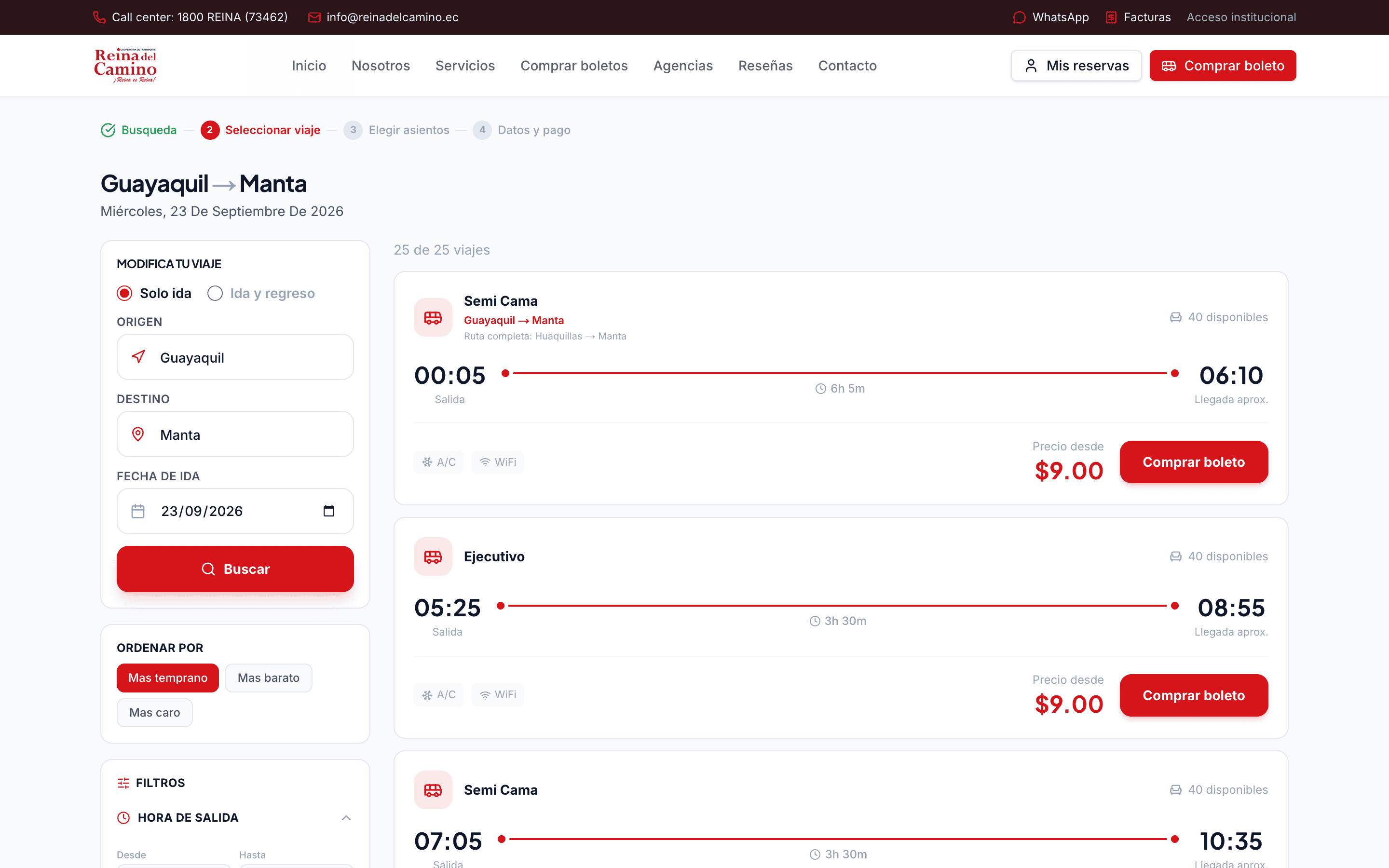 Todas las salidas del día con horario, duración, tipo de bus y precio, para comparar y decidir en segundos.