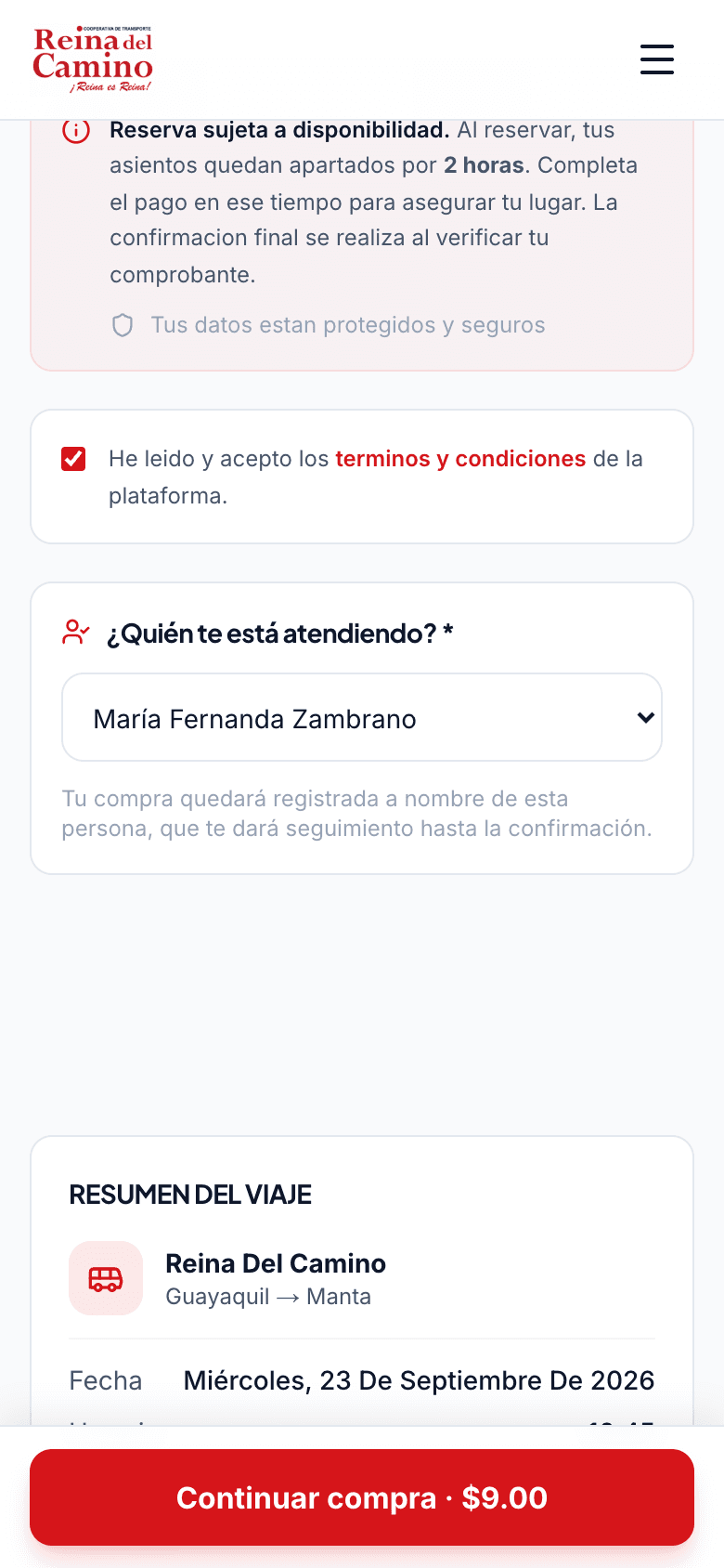En el celular, el pasajero indica qué asesor lo atendió; si llegó por el link del asesor, ya viene seleccionado.