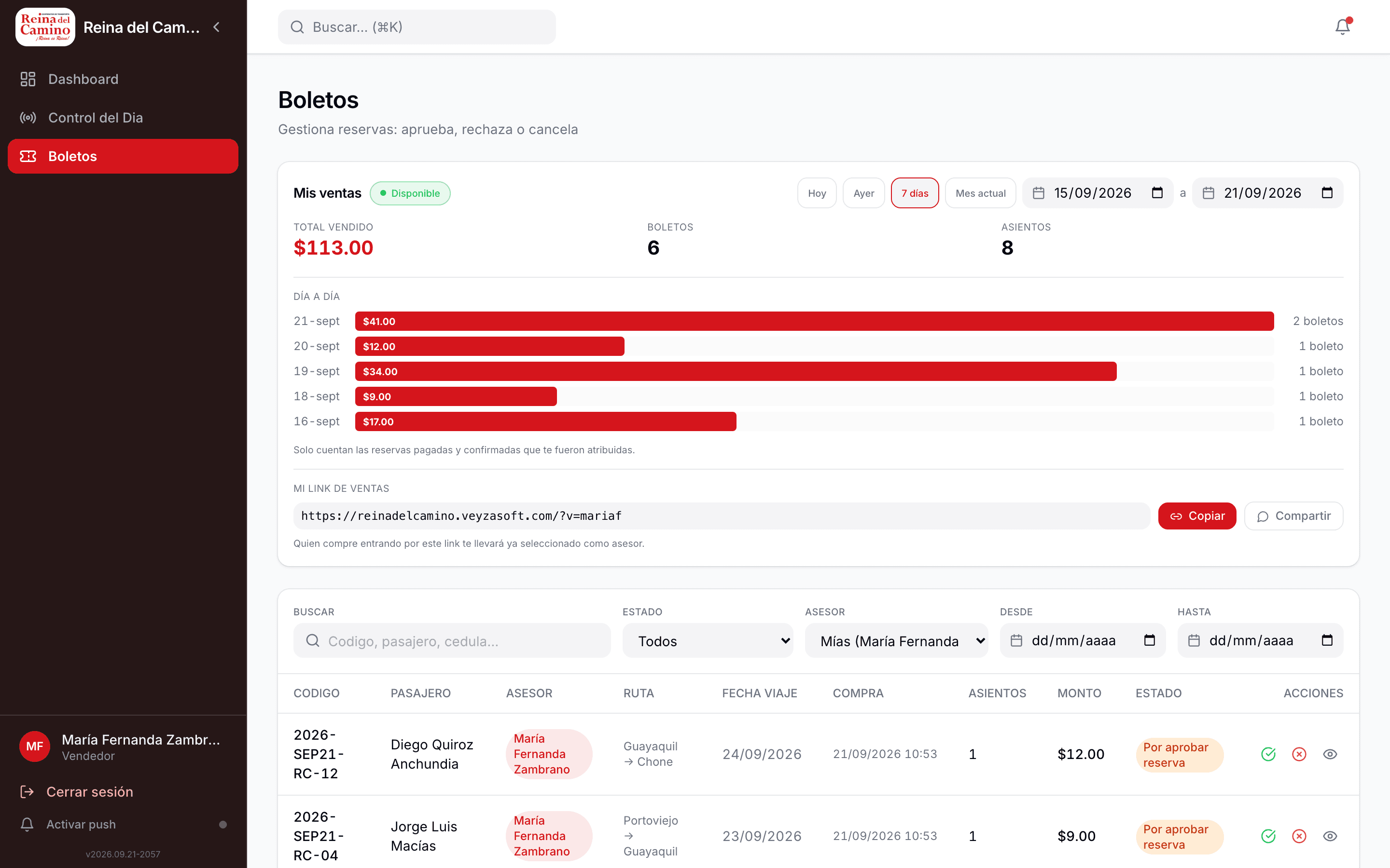Cada asesor ve sus propias ventas día a día, su link para compartir y la bandeja de reservas por atender.