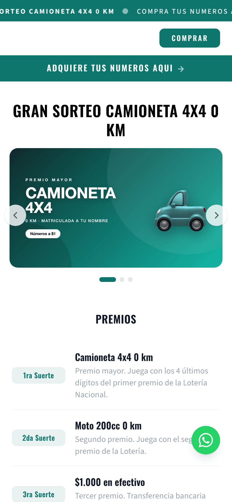 En el celular, donde compra la mayoría: fotos del premio, premios secundarios y el botón de comprar y WhatsApp siempre presentes.