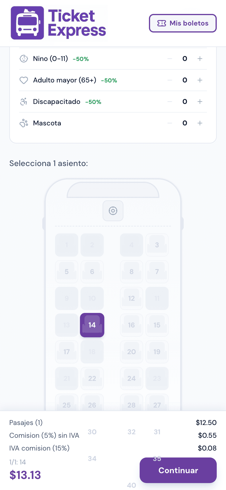 La compra completa funciona en el celular: el mapa de asientos se adapta a la pantalla.