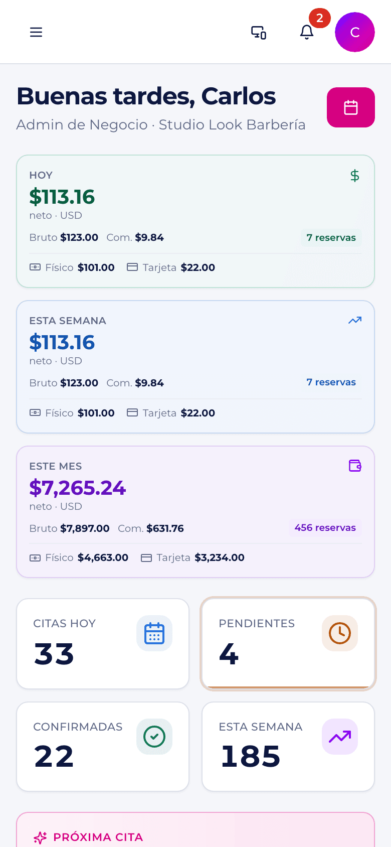 El mismo panel desde el celular. El dueño revisa ventas y citas del día aunque esté fuera del local.