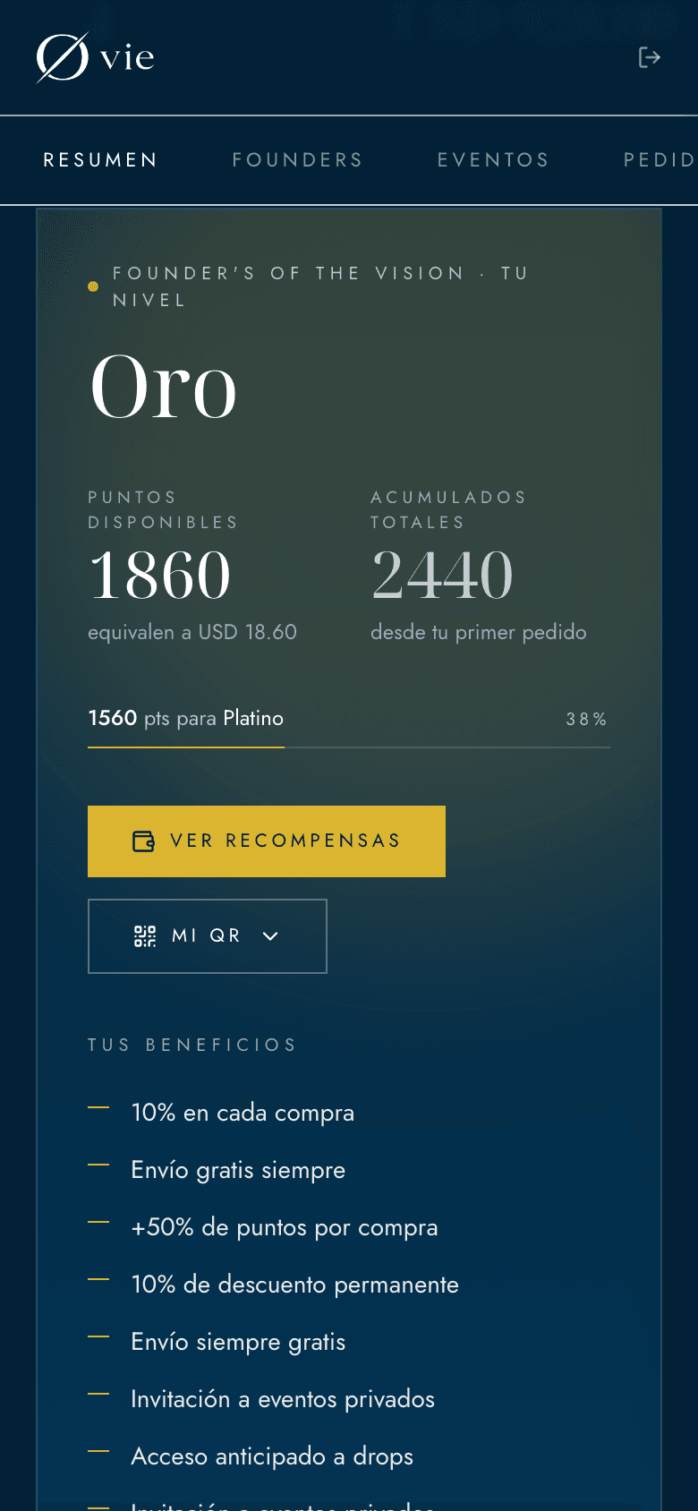 El carné digital del club: nivel, puntos disponibles, cuánto le falta para subir de nivel y sus beneficios.