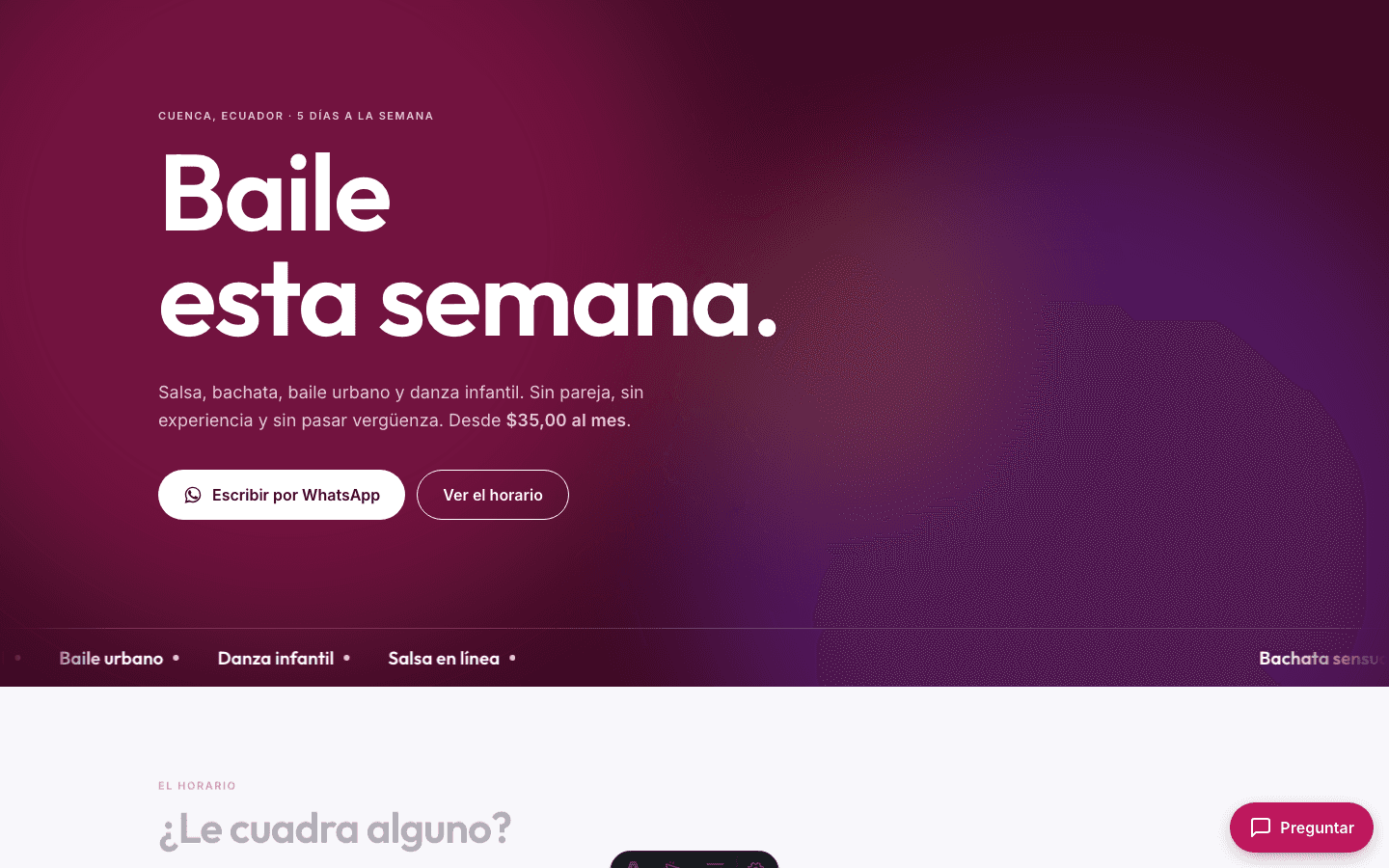 La página pública de la academia, con los horarios y precios que salen del mismo sistema: si cambian adentro, cambian aquí.
