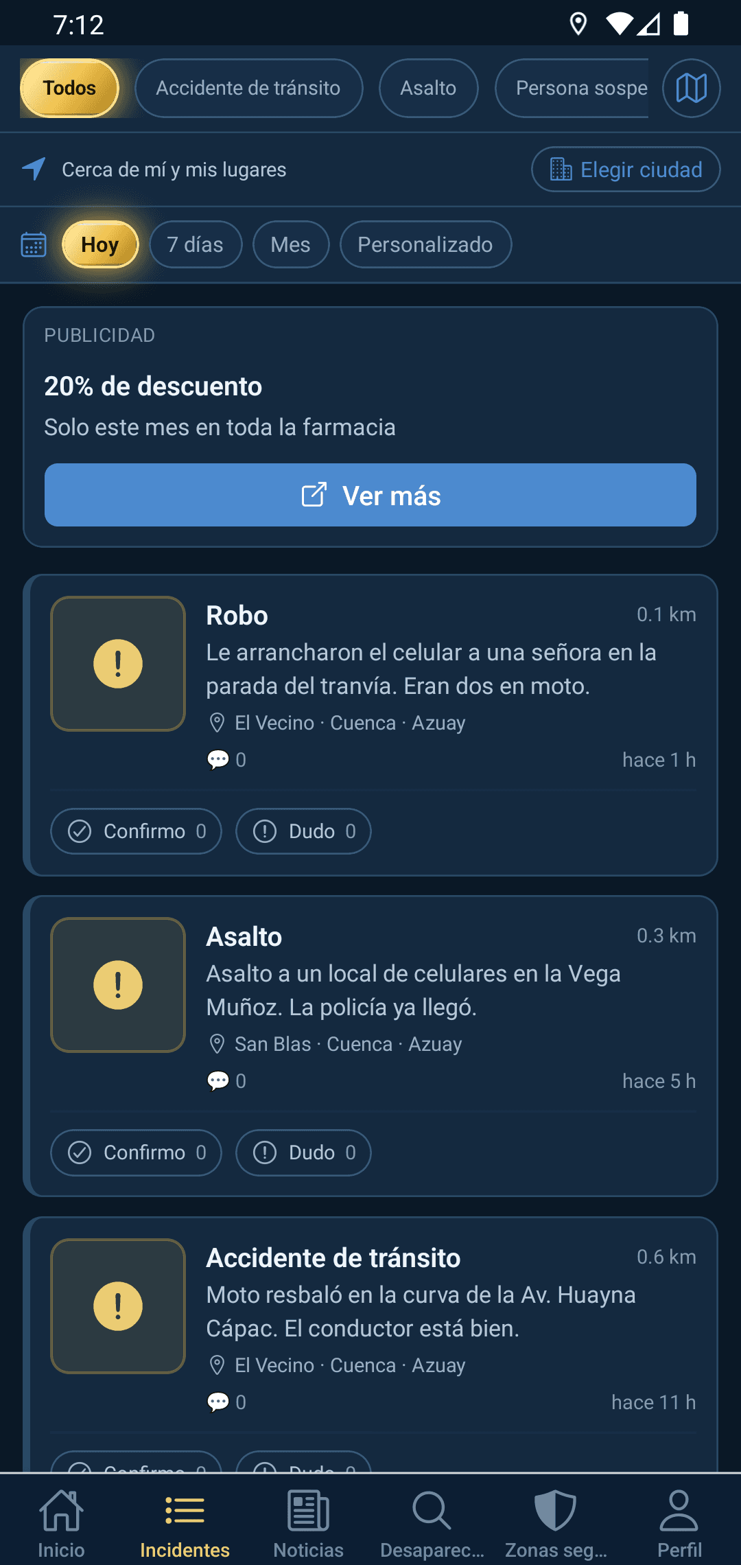 Listado de incidentes con foto, tipo y parroquia, filtrable por fecha y por tipo de hecho.