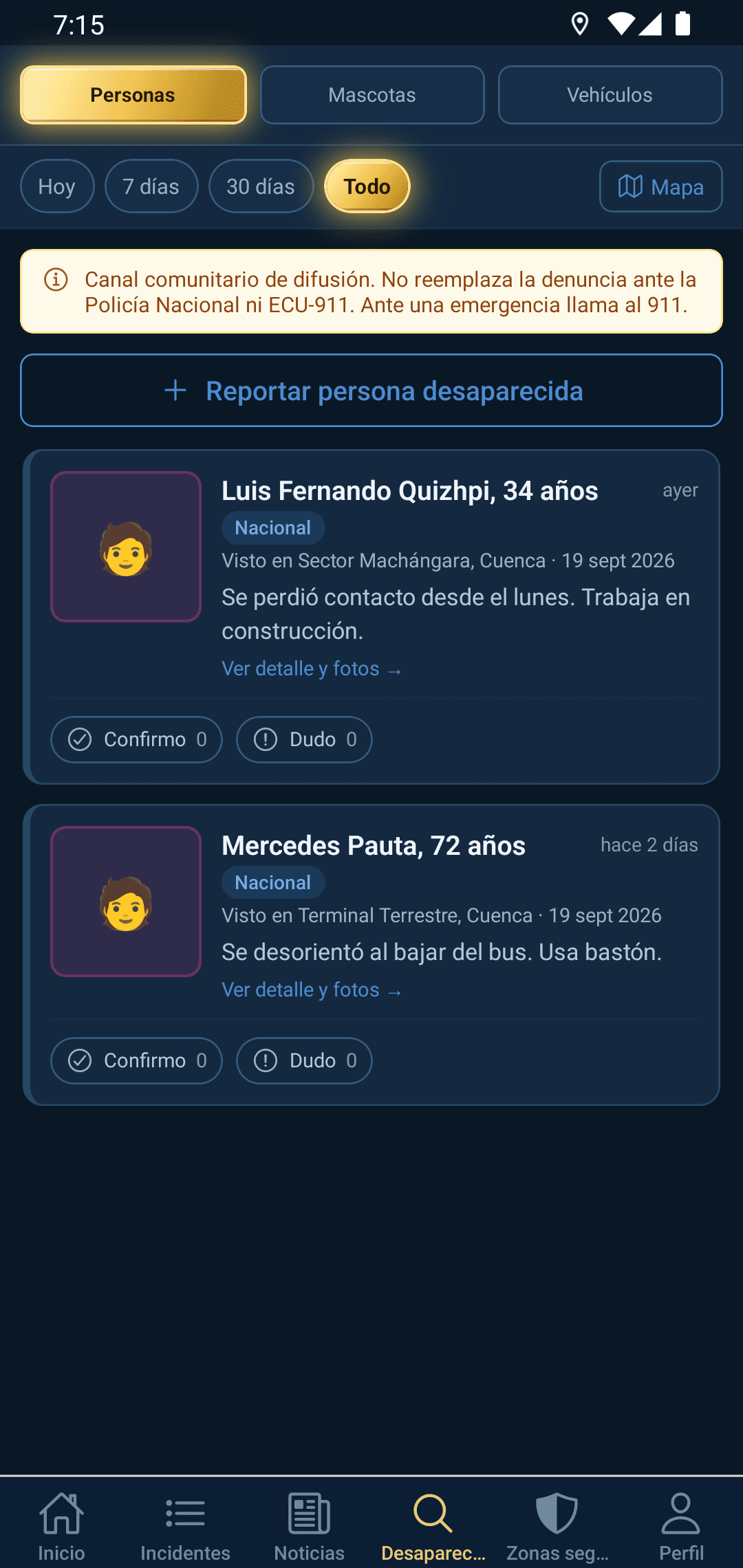 Personas desaparecidas, mascotas perdidas y vehículos robados, difundidos a toda la comunidad.