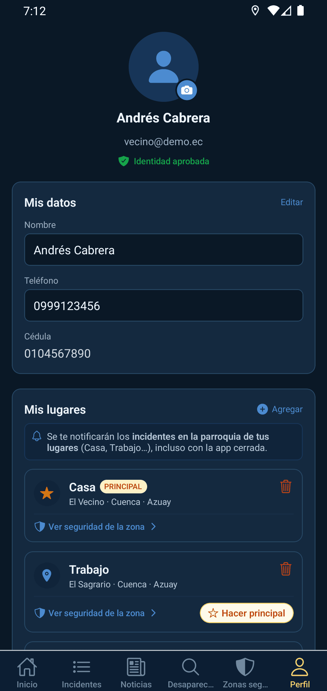 Los lugares del vecino (casa, trabajo) definen de qué parroquias recibe avisos en el celular.