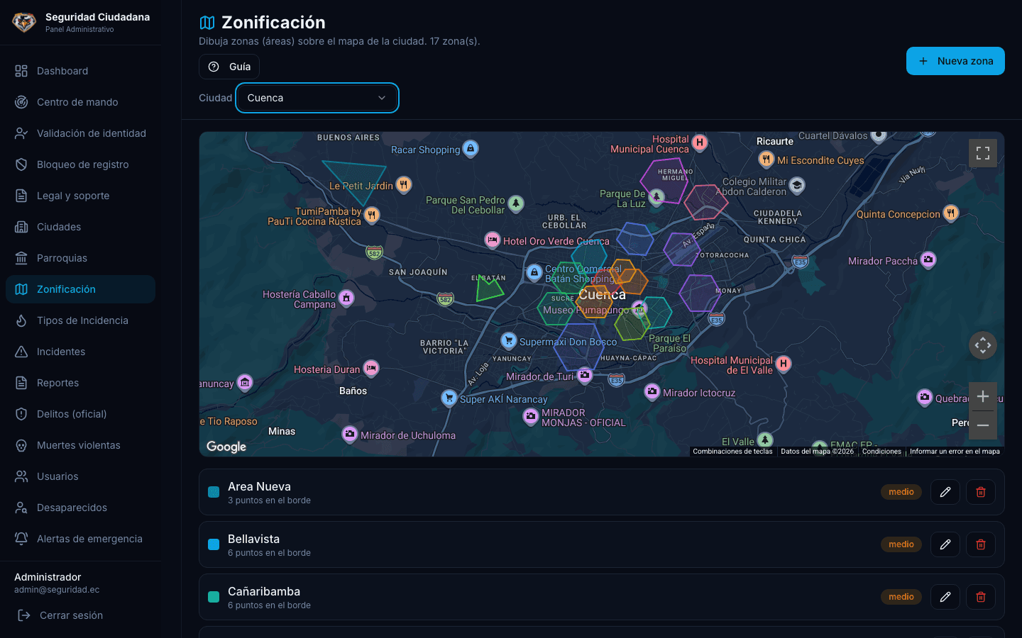 Zonificación dibujada sobre el mapa: el cliente define los sectores de su ciudad.