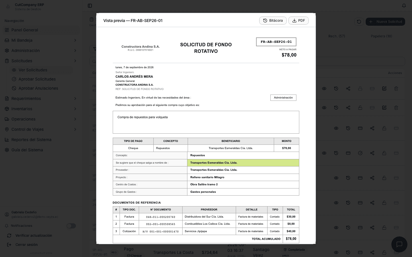 Vista previa de una solicitud tal como sale en PDF: empresa, concepto, beneficiario, proyecto, centro de costos y las facturas que la respaldan.