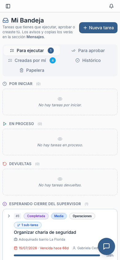 Mi Bandeja en móvil: lo que cada persona debe ejecutar, aprobar o cerrar, con fechas límite.