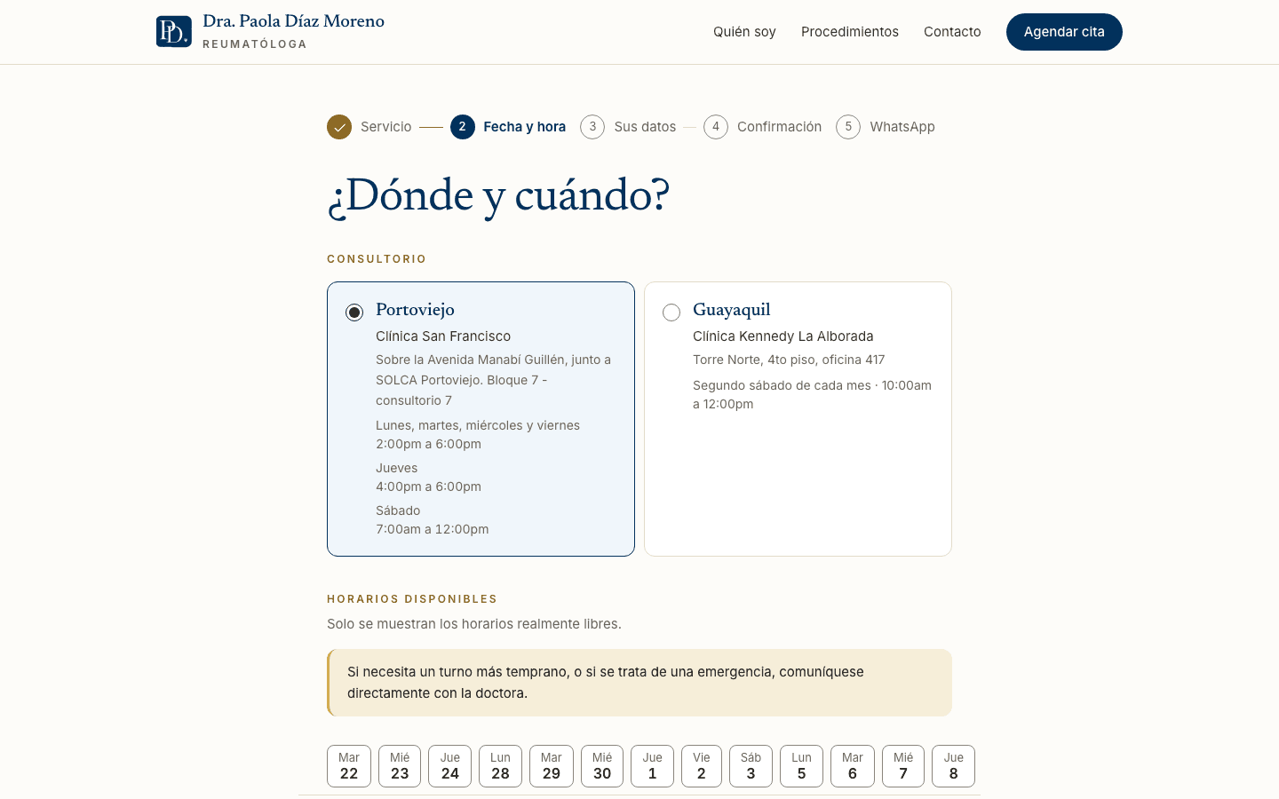 Paso 2 de 5 del agendamiento: la paciente elige consultorio y ve solo los días y horas realmente disponibles. Sin cuenta, sin llamadas.
