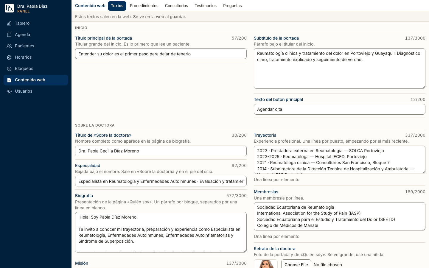 El editor de contenido: los textos y fotos de la página se cambian desde el panel y se publican al instante, sin programador.